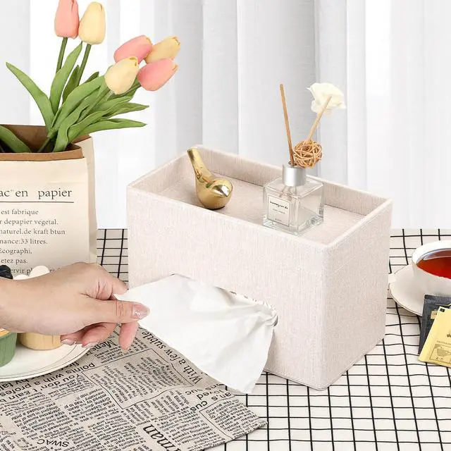 Alt view image 2 of 7 - Tissue Box Cover with Storage Tray, Decorative Rectangular Tissue Holder Linen Facial Tissues Organizer Stylish Modern Tissue Dispenser for Bathroom Toilet Tank Vanity Dresser Table