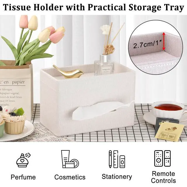 Alt view image 3 of 7 - Tissue Box Cover with Storage Tray, Decorative Rectangular Tissue Holder Linen Facial Tissues Organizer Stylish Modern Tissue Dispenser for Bathroom Toilet Tank Vanity Dresser Table