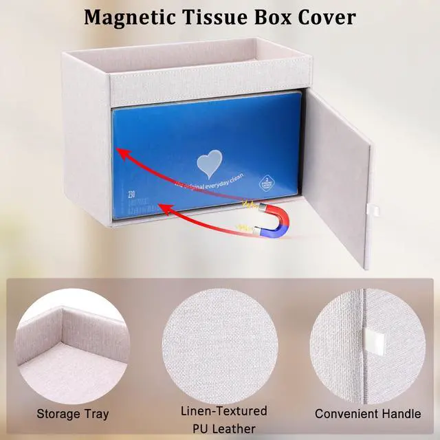 Alt view image 5 of 7 - Tissue Box Cover with Storage Tray, Decorative Rectangular Tissue Holder Linen Facial Tissues Organizer Stylish Modern Tissue Dispenser for Bathroom Toilet Tank Vanity Dresser Table