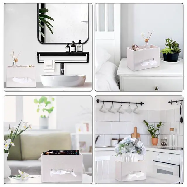 Alt view image 7 of 7 - Tissue Box Cover with Storage Tray, Decorative Rectangular Tissue Holder Linen Facial Tissues Organizer Stylish Modern Tissue Dispenser for Bathroom Toilet Tank Vanity Dresser Table