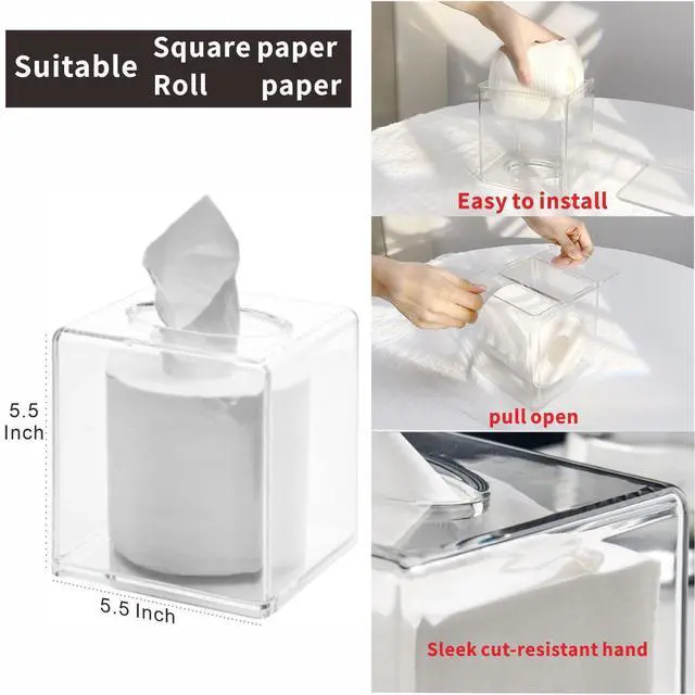 Alt view image 3 of 7 - Clear Roll Tissue Box Holder with Cover Facial Tissue Dispenser Box Case for Countertop,Clear Plastic Dryer Sheet Container Napkin Organizer for Bathroom Kitchen Home,Square