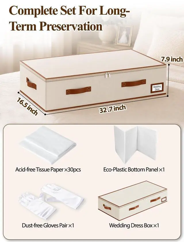 Alt view image 2 of 7 - Wedding Dress Storage Box, 70L Under Bed Wedding Dress Preservation Box with 30 Sheets Acid-Free Tissue Paper & Microfiber Gloves, for Wedding Dresses, Evening Gowns & Heirlooms, Beige