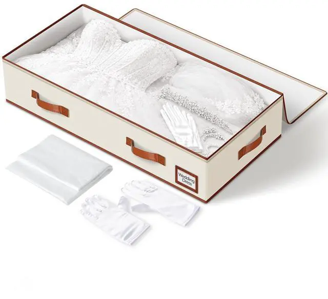 Main image of Wedding Dress Storage Box, 70L Under Bed Wedding Dress Preservation Box with 30 Sheets Acid-Free Tissue Paper & Microfiber Gloves, for Wedding Dresses, Evening Gowns & Heirlooms, Beige