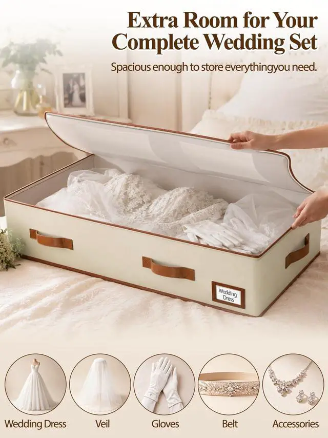 Alt view image 3 of 7 - Wedding Dress Storage Box, 70L Under Bed Wedding Dress Preservation Box with 30 Sheets Acid-Free Tissue Paper & Microfiber Gloves, for Wedding Dresses, Evening Gowns & Heirlooms, Beige