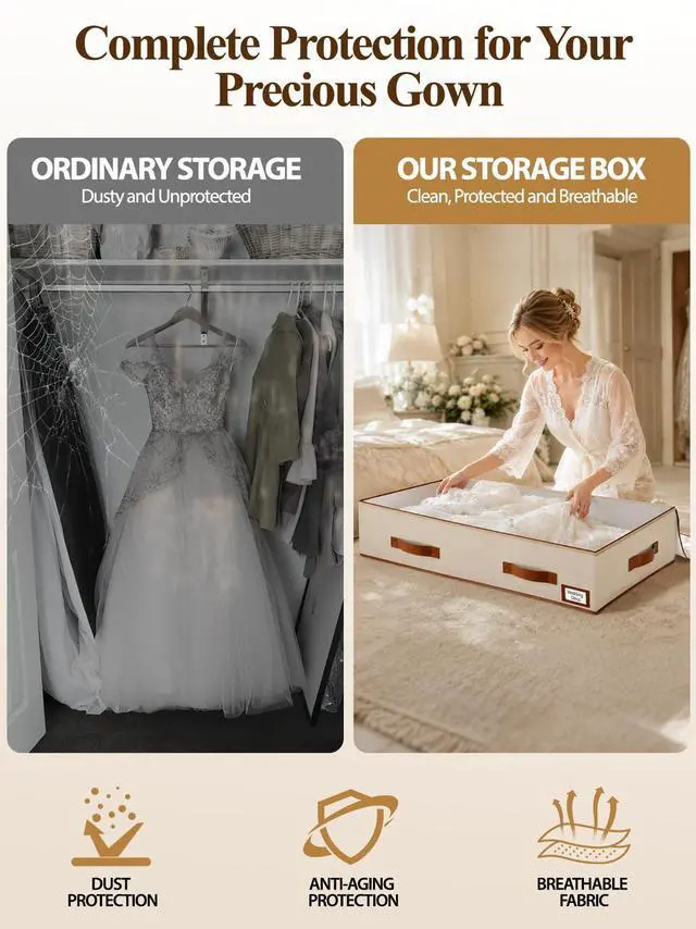 Alt view image 4 of 7 - Wedding Dress Storage Box, 70L Under Bed Wedding Dress Preservation Box with 30 Sheets Acid-Free Tissue Paper & Microfiber Gloves, for Wedding Dresses, Evening Gowns & Heirlooms, Beige