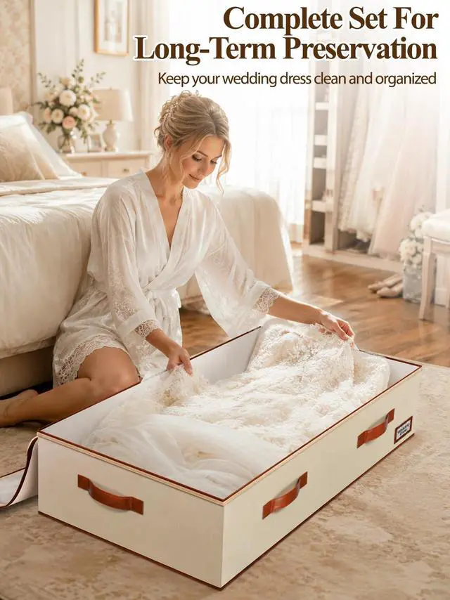 Alt view image 5 of 7 - Wedding Dress Storage Box, 70L Under Bed Wedding Dress Preservation Box with 30 Sheets Acid-Free Tissue Paper & Microfiber Gloves, for Wedding Dresses, Evening Gowns & Heirlooms, Beige