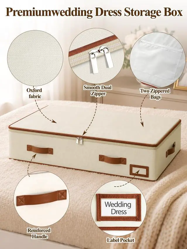 Alt view image 7 of 7 - Wedding Dress Storage Box, 70L Under Bed Wedding Dress Preservation Box with 30 Sheets Acid-Free Tissue Paper & Microfiber Gloves, for Wedding Dresses, Evening Gowns & Heirlooms, Beige
