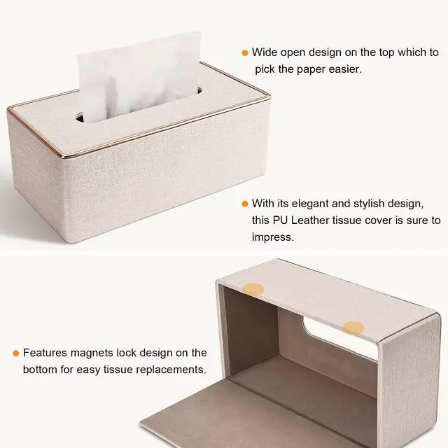 Alt view image 4 of 6 - Tissue Box Cover, PU Leather Tissue Box Holder, Rectangular Tissue Box Covers for Kleenex, Napkin, Rectangle Tissue Holder for Bathroom Home Office 9.84"X5.23"X3.77" Beige