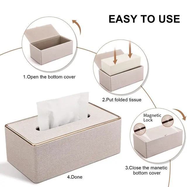 Alt view image 5 of 6 - Tissue Box Cover, PU Leather Tissue Box Holder, Rectangular Tissue Box Covers for Kleenex, Napkin, Rectangle Tissue Holder for Bathroom Home Office 9.84"X5.23"X3.77" Beige