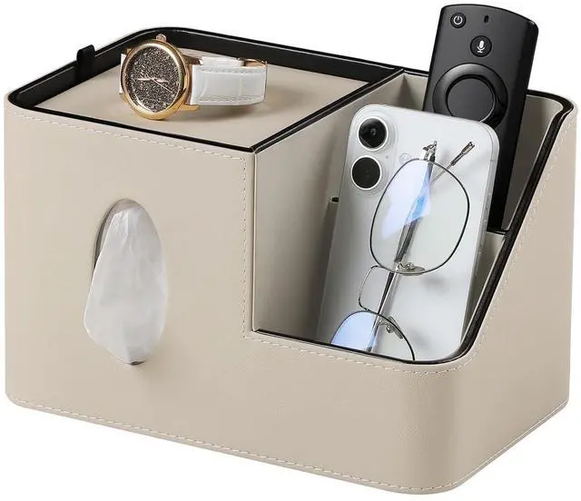 Main image of PU Leather Square Tissue Box Cover with Magnetic Closure, Tissue Holder with Storage Tray & Remote Control Organizer, for Nightstand, Living Room, Bathroom, Office Desk (Beige)