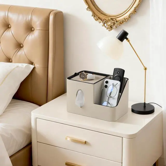 Alt view image 2 of 7 - PU Leather Square Tissue Box Cover with Magnetic Closure, Tissue Holder with Storage Tray & Remote Control Organizer, for Nightstand, Living Room, Bathroom, Office Desk (Beige)