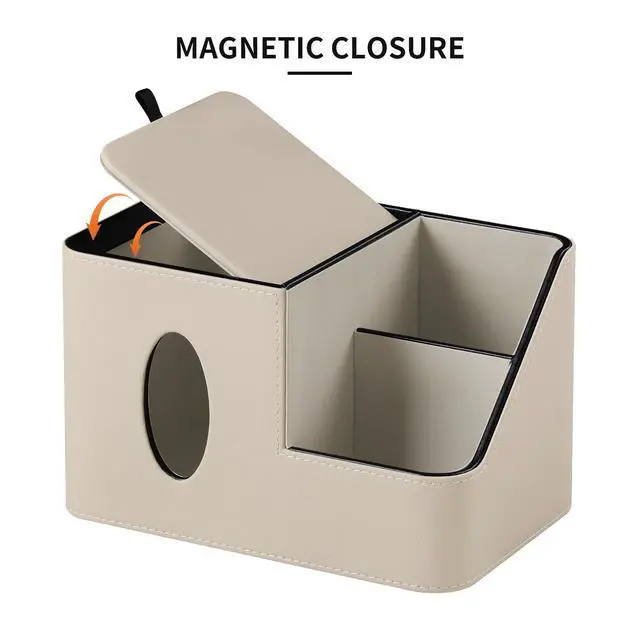 Alt view image 5 of 7 - PU Leather Square Tissue Box Cover with Magnetic Closure, Tissue Holder with Storage Tray & Remote Control Organizer, for Nightstand, Living Room, Bathroom, Office Desk (Beige)