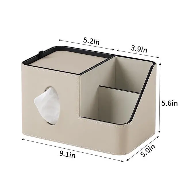 Alt view image 4 of 7 - PU Leather Square Tissue Box Cover with Magnetic Closure, Tissue Holder with Storage Tray & Remote Control Organizer, for Nightstand, Living Room, Bathroom, Office Desk (Beige)