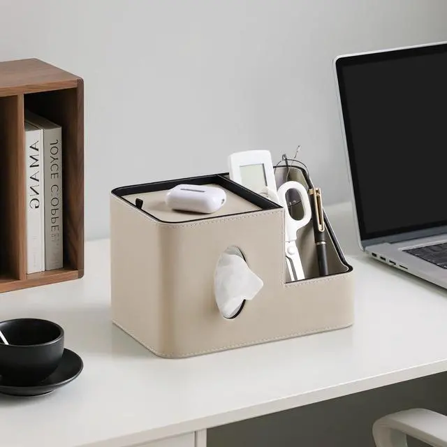 Alt view image 7 of 7 - PU Leather Square Tissue Box Cover with Magnetic Closure, Tissue Holder with Storage Tray & Remote Control Organizer, for Nightstand, Living Room, Bathroom, Office Desk (Beige)