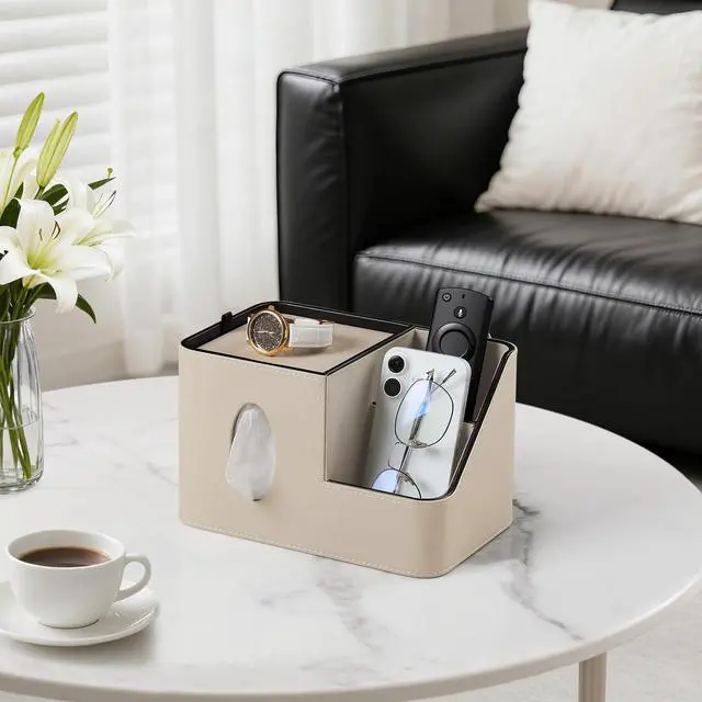 Alt view image 3 of 7 - PU Leather Square Tissue Box Cover with Magnetic Closure, Tissue Holder with Storage Tray & Remote Control Organizer, for Nightstand, Living Room, Bathroom, Office Desk (Beige)