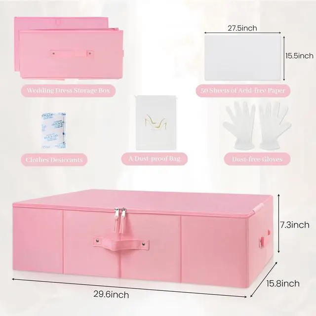 Alt view image 6 of 7 - Wedding Dress Storage Box,Wedding Dress Preservation Box with 50 Sheets of Acid Free Tissue Paper,1 Pair Microfibe Gloves,Dustproof Bag and Clothing Desiccants,WeddingDress Preservation Kit(Pink