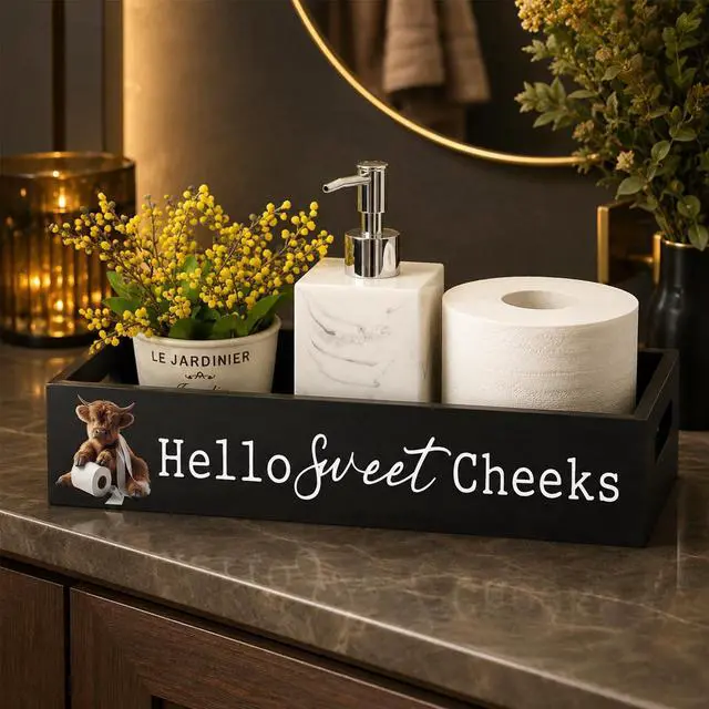 Main image of Highland Cow Black Bathroom Basket Hello Sweet Cheeks Wooden Toilet Tank Paper Box with Handle for Organizing Funny Back of Toilet Storage Organizer for Farmhouse Bathroom Decor
