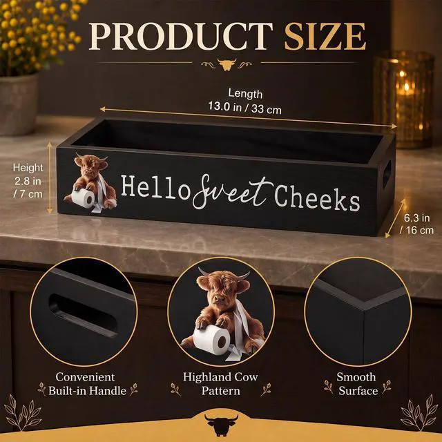 Alt view image 2 of 6 - Highland Cow Black Bathroom Basket Hello Sweet Cheeks Wooden Toilet Tank Paper Box with Handle for Organizing Funny Back of Toilet Storage Organizer for Farmhouse Bathroom Decor