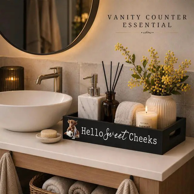 Alt view image 3 of 6 - Highland Cow Black Bathroom Basket Hello Sweet Cheeks Wooden Toilet Tank Paper Box with Handle for Organizing Funny Back of Toilet Storage Organizer for Farmhouse Bathroom Decor