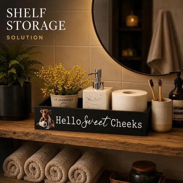 Alt view image 5 of 6 - Highland Cow Black Bathroom Basket Hello Sweet Cheeks Wooden Toilet Tank Paper Box with Handle for Organizing Funny Back of Toilet Storage Organizer for Farmhouse Bathroom Decor