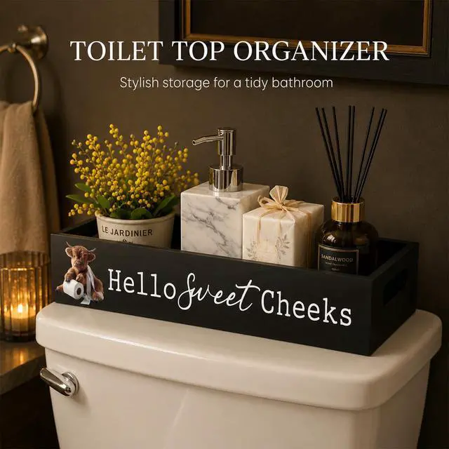 Alt view image 6 of 6 - Highland Cow Black Bathroom Basket Hello Sweet Cheeks Wooden Toilet Tank Paper Box with Handle for Organizing Funny Back of Toilet Storage Organizer for Farmhouse Bathroom Decor