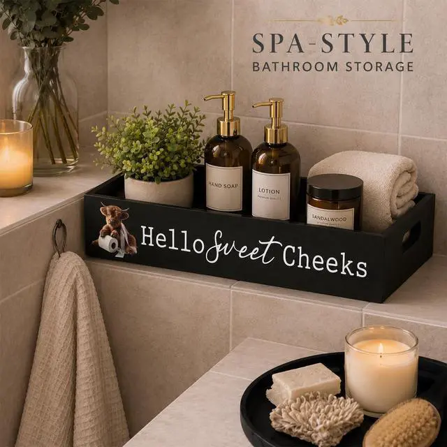 Alt view image 4 of 6 - Highland Cow Black Bathroom Basket Hello Sweet Cheeks Wooden Toilet Tank Paper Box with Handle for Organizing Funny Back of Toilet Storage Organizer for Farmhouse Bathroom Decor