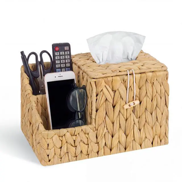 Main image of Tissue Box Cover with Storage, Water Hyacinth Square Tissue Box Holder