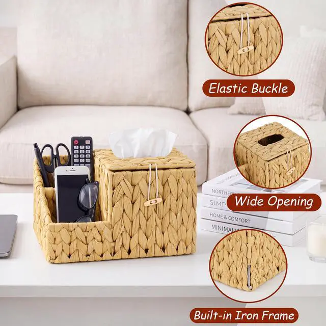 Alt view image 3 of 7 - Tissue Box Cover with Storage, Water Hyacinth Square Tissue Box Holder