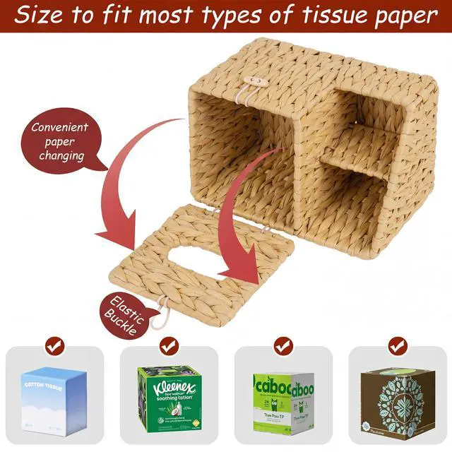 Alt view image 4 of 7 - Tissue Box Cover with Storage, Water Hyacinth Square Tissue Box Holder