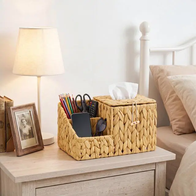 Alt view image 6 of 7 - Tissue Box Cover with Storage, Water Hyacinth Square Tissue Box Holder