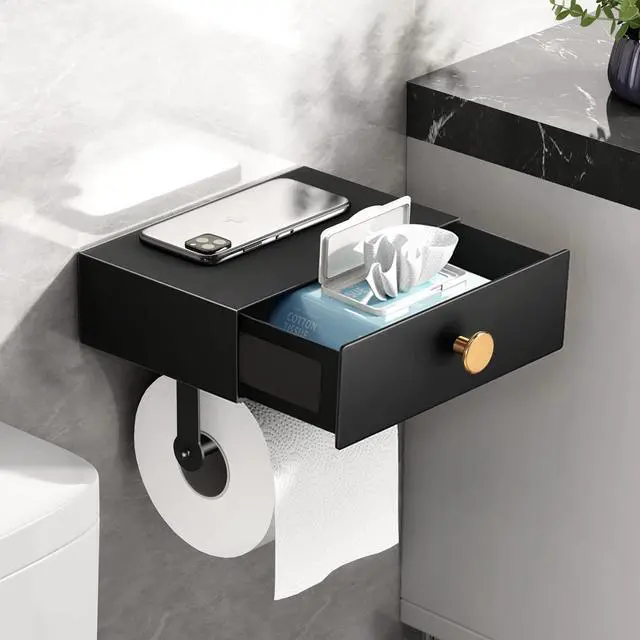 Main image of Toilet Paper Holder with Shelf Black Wipes Dispenser for Bathroom Stainless Steel Toilet Paper Holder with Storage Drawer Adhesive Wall Mount Small Bathroom Shelf