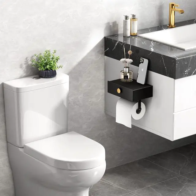 Alt view image 2 of 7 - Toilet Paper Holder with Shelf Black Wipes Dispenser for Bathroom Stainless Steel Toilet Paper Holder with Storage Drawer Adhesive Wall Mount Small Bathroom Shelf