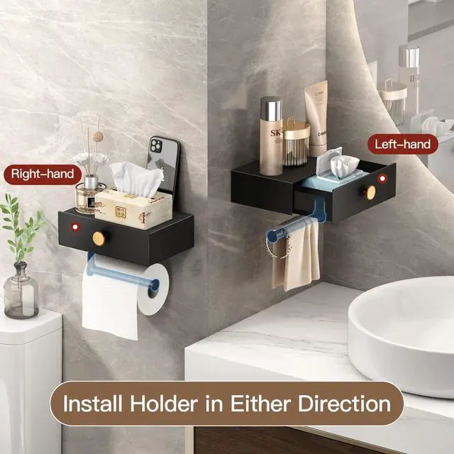 Alt view image 3 of 7 - Toilet Paper Holder with Shelf Black Wipes Dispenser for Bathroom Stainless Steel Toilet Paper Holder with Storage Drawer Adhesive Wall Mount Small Bathroom Shelf