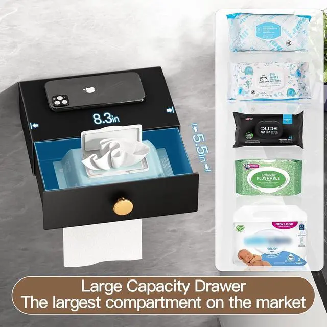Alt view image 4 of 7 - Toilet Paper Holder with Shelf Black Wipes Dispenser for Bathroom Stainless Steel Toilet Paper Holder with Storage Drawer Adhesive Wall Mount Small Bathroom Shelf
