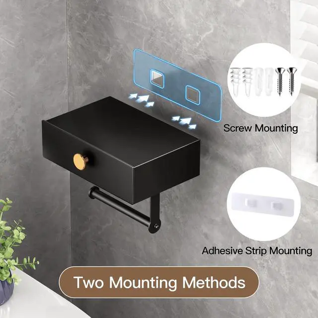 Alt view image 5 of 7 - Toilet Paper Holder with Shelf Black Wipes Dispenser for Bathroom Stainless Steel Toilet Paper Holder with Storage Drawer Adhesive Wall Mount Small Bathroom Shelf