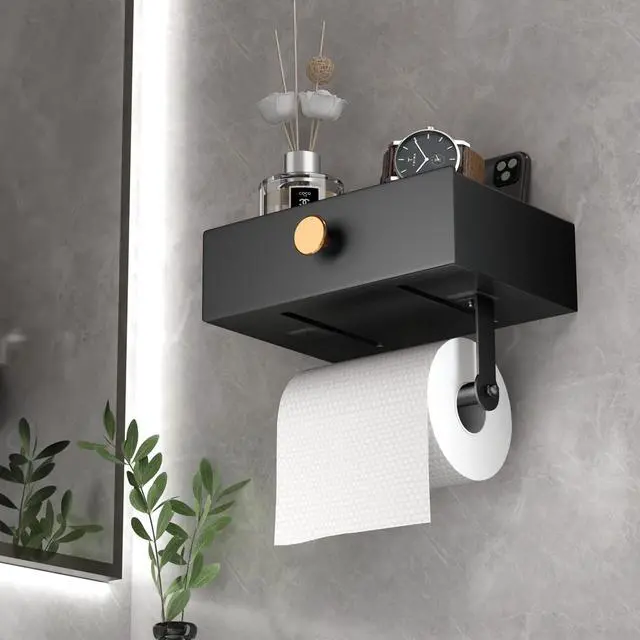 Alt view image 7 of 7 - Toilet Paper Holder with Shelf Black Wipes Dispenser for Bathroom Stainless Steel Toilet Paper Holder with Storage Drawer Adhesive Wall Mount Small Bathroom Shelf