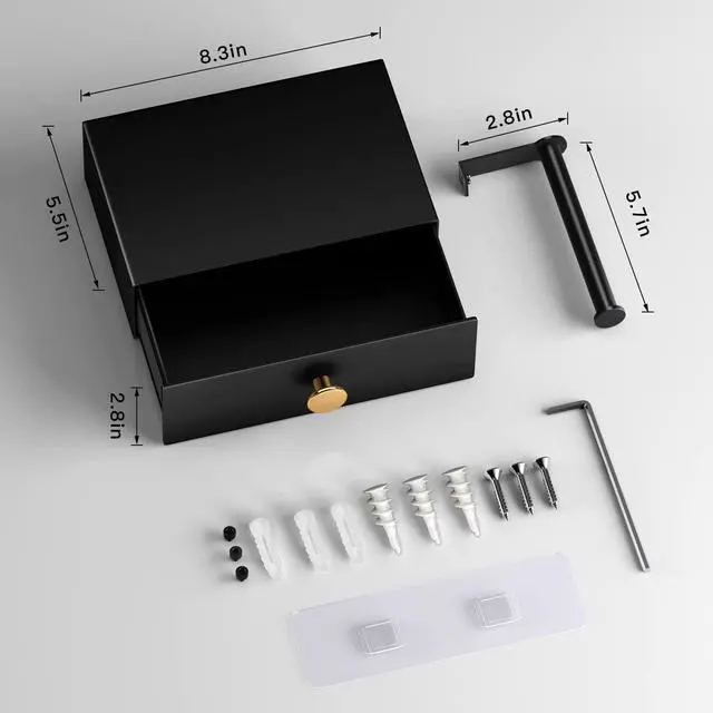 Alt view image 6 of 7 - Toilet Paper Holder with Shelf Black Wipes Dispenser for Bathroom Stainless Steel Toilet Paper Holder with Storage Drawer Adhesive Wall Mount Small Bathroom Shelf