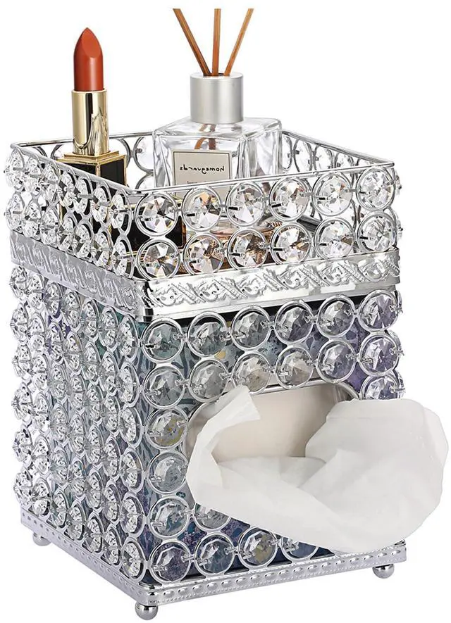 Main image of Square Tissue Box Cover- Crystal Cube Tissue Box with Storage Tray, Stylish Tissue Box Holder for Bathroom Bedroom Living Room Table Desk Home Office,Silver