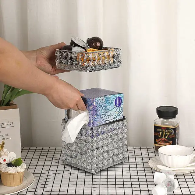 Alt view image 2 of 7 - Square Tissue Box Cover- Crystal Cube Tissue Box with Storage Tray, Stylish Tissue Box Holder for Bathroom Bedroom Living Room Table Desk Home Office,Silver