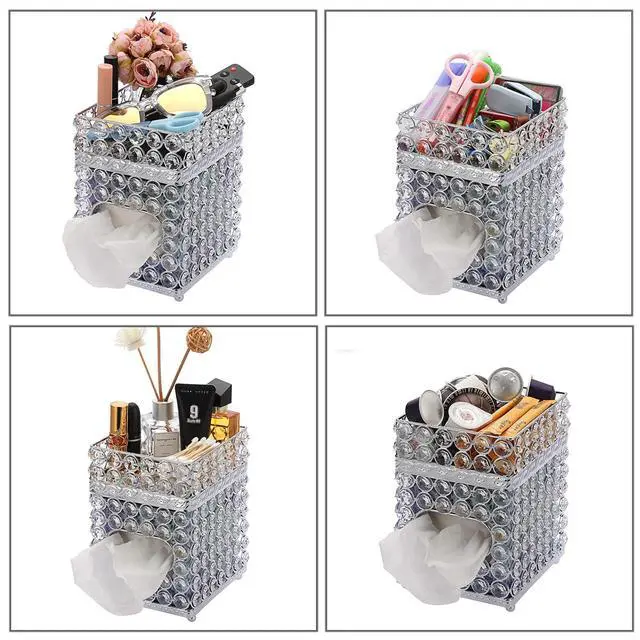 Alt view image 5 of 7 - Square Tissue Box Cover- Crystal Cube Tissue Box with Storage Tray, Stylish Tissue Box Holder for Bathroom Bedroom Living Room Table Desk Home Office,Silver