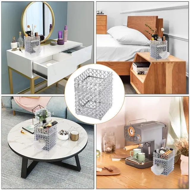Alt view image 7 of 7 - Square Tissue Box Cover- Crystal Cube Tissue Box with Storage Tray, Stylish Tissue Box Holder for Bathroom Bedroom Living Room Table Desk Home Office,Silver