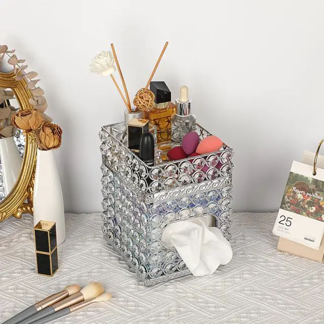 Alt view image 6 of 7 - Square Tissue Box Cover- Crystal Cube Tissue Box with Storage Tray, Stylish Tissue Box Holder for Bathroom Bedroom Living Room Table Desk Home Office,Silver