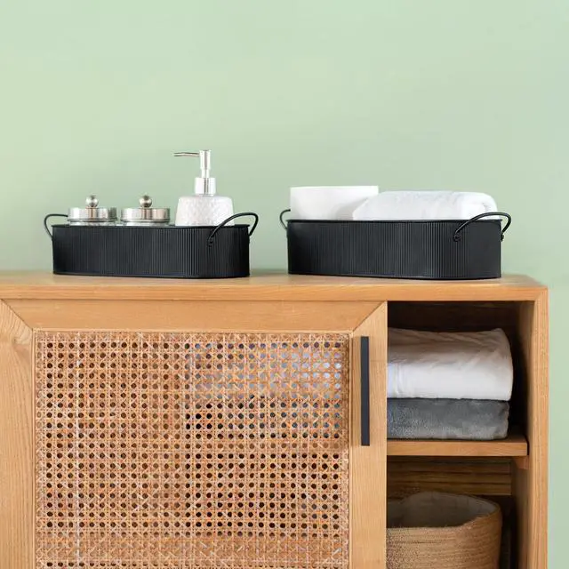 Alt view image 3 of 7 - Metal Storage Basket for Toilet Tank Top Bathroom Decor, Galvanized Tray with Handle for Shelves, Farmhouse Toilet Paper Holder Organizing Bin Box for Countertop Living Room, Set of 2, Black