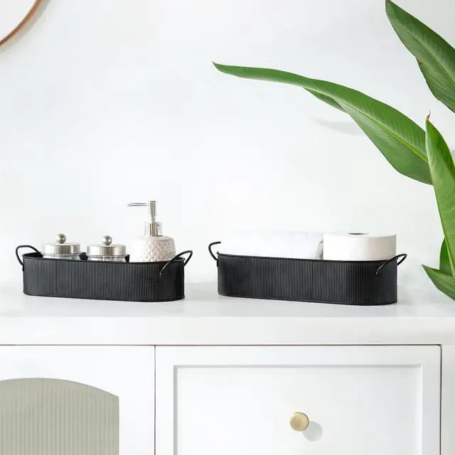 Alt view image 4 of 7 - Metal Storage Basket for Toilet Tank Top Bathroom Decor, Galvanized Tray with Handle for Shelves, Farmhouse Toilet Paper Holder Organizing Bin Box for Countertop Living Room, Set of 2, Black