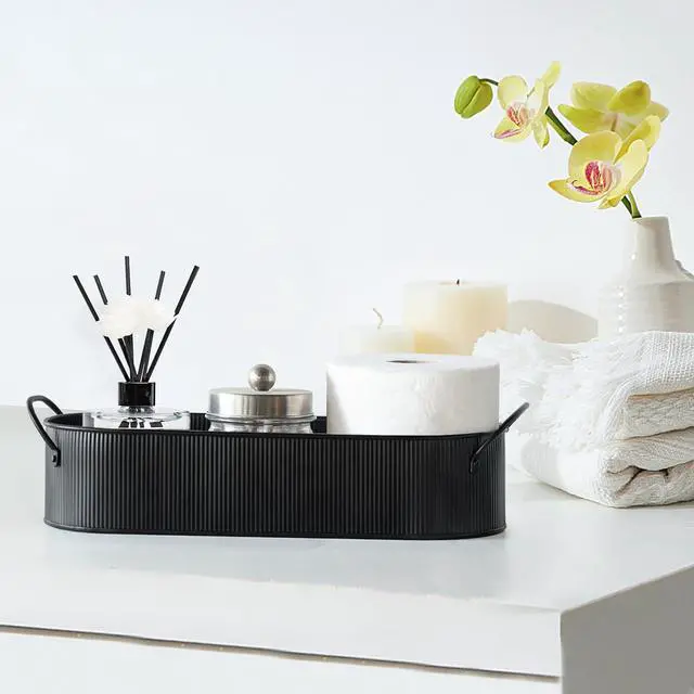 Alt view image 5 of 7 - Metal Storage Basket for Toilet Tank Top Bathroom Decor, Galvanized Tray with Handle for Shelves, Farmhouse Toilet Paper Holder Organizing Bin Box for Countertop Living Room, Set of 2, Black