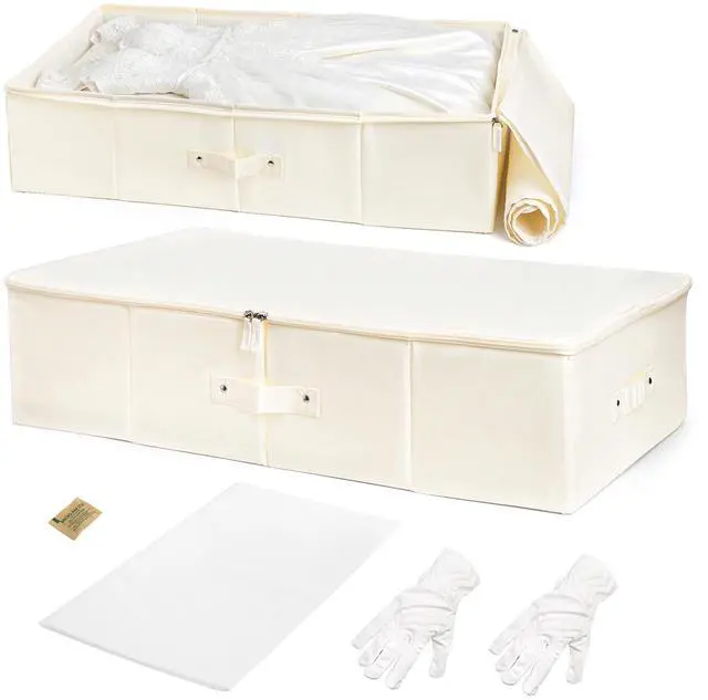 Main image of Wedding Dress Storage Box, Large Wedding Gown Preservation Box with 30 Sheets Acid Free Tissue Paper and 1 Pair Microfiber Gloves for Bridal Essentials, Heirlooms, Weddings Keepsake, Beige