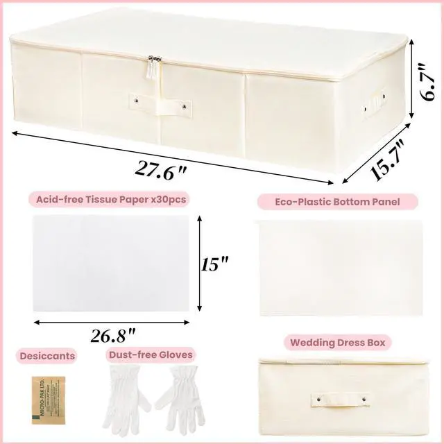 Alt view image 2 of 7 - Wedding Dress Storage Box, Large Wedding Gown Preservation Box with 30 Sheets Acid Free Tissue Paper and 1 Pair Microfiber Gloves for Bridal Essentials, Heirlooms, Weddings Keepsake, Beige