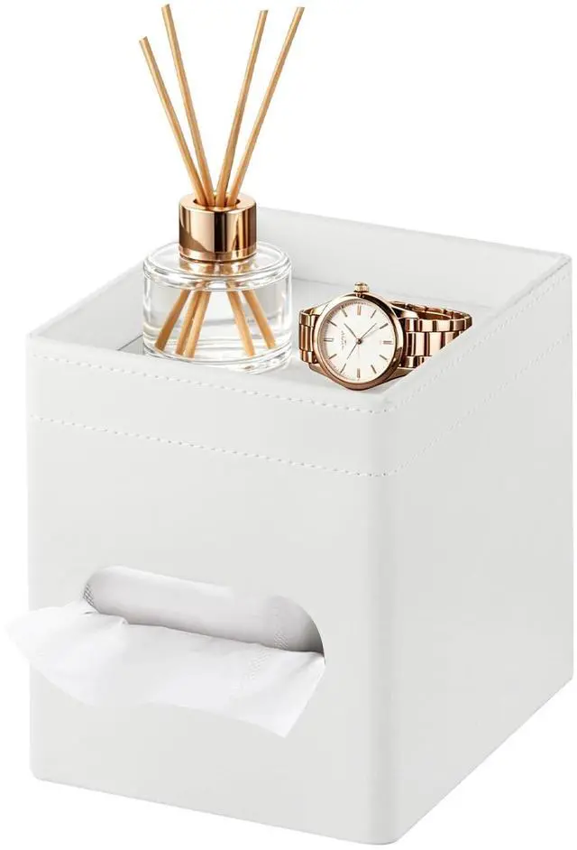 Main image of PU Leather Square Tissue Box Cover with Storage Tray,Modern Decorative Tissue Holder for Bathroom Vanity Night Stands, Office Desk,Stylish Tissue Holder for Home & Office Décor