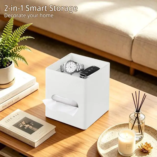 Alt view image 2 of 7 - PU Leather Square Tissue Box Cover with Storage Tray,Modern Decorative Tissue Holder for Bathroom Vanity Night Stands, Office Desk,Stylish Tissue Holder for Home & Office Décor