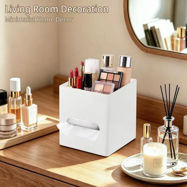 Alt view image 6 of 7 - PU Leather Square Tissue Box Cover with Storage Tray,Modern Decorative Tissue Holder for Bathroom Vanity Night Stands, Office Desk,Stylish Tissue Holder for Home & Office Décor